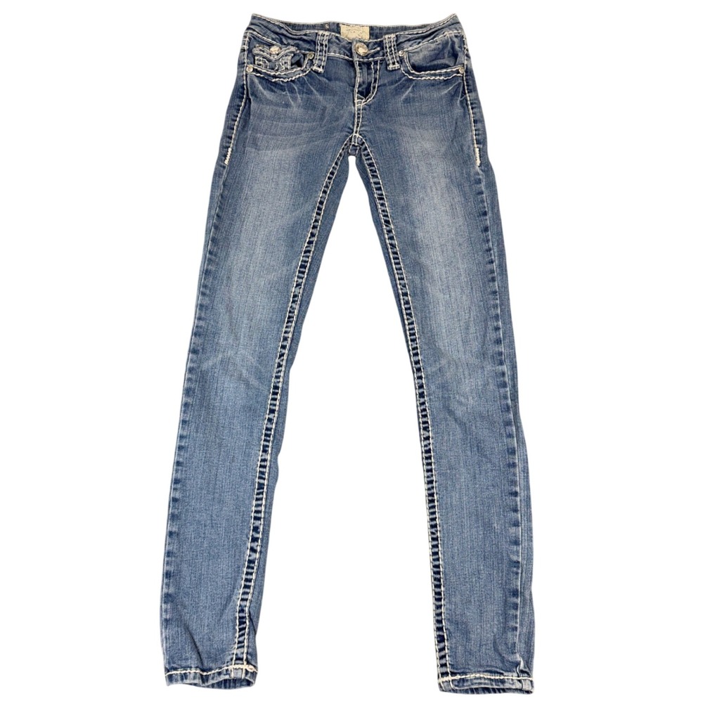 LA Idol USA Women's Skinny Jeans Size 1 Medium Wash‎ Thick Stitch Crystal Y2K